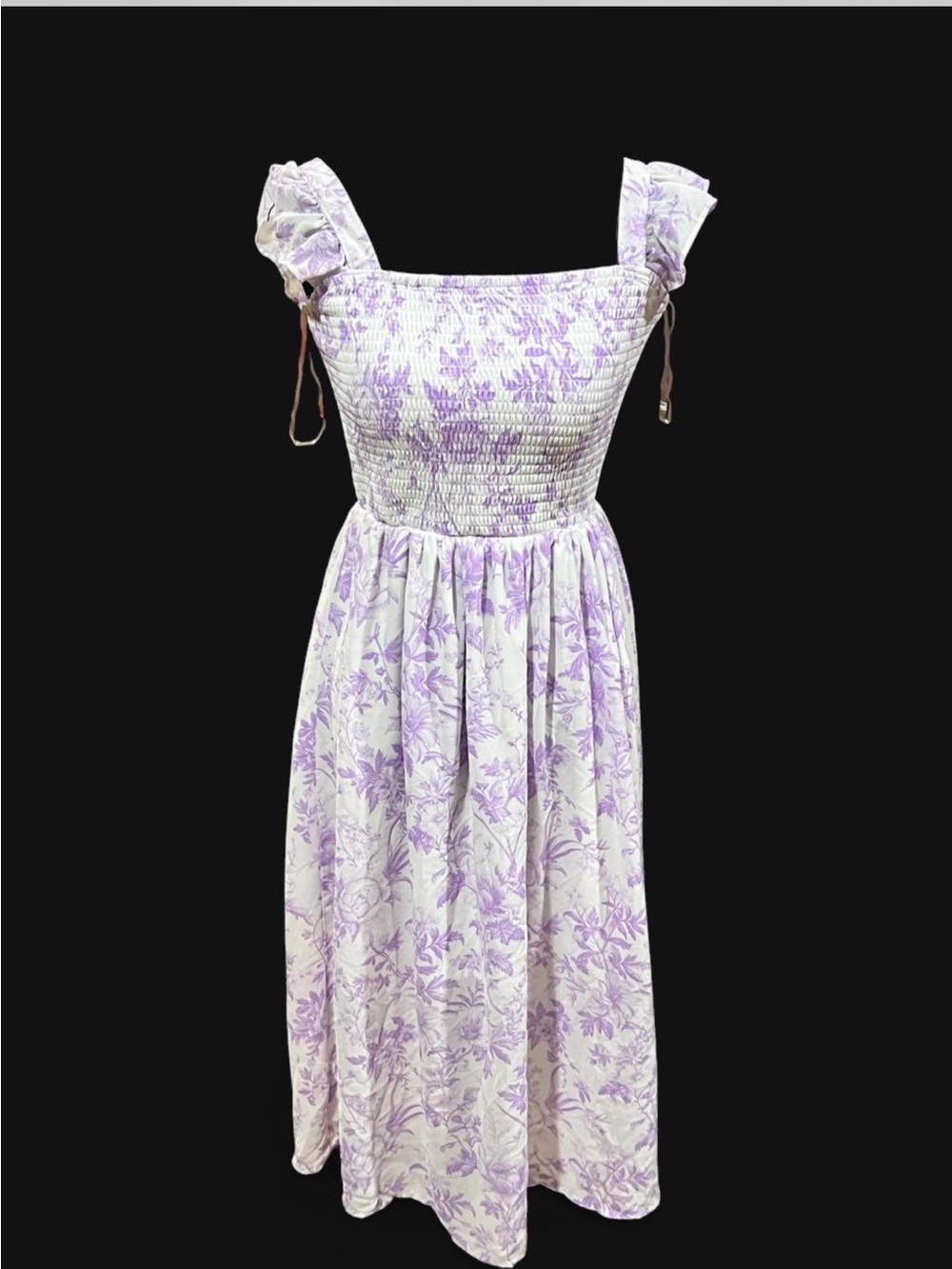 Smocked Lavender Floral Midi Dress with Ruffle Straps